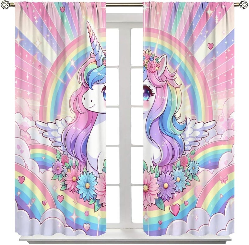 Wallira Cute Unicorn Curtains Kids,Ombre Pink Rainbow Stars Princess Cartoon Decor Rod Pocket Window Treatment for Girls Baby Room Living Room Bedroom Living Room Nursery Drapes 41" W X 45" L - Image 2